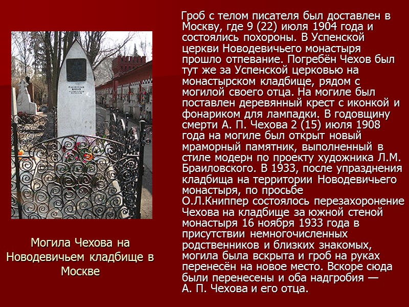 Могила Чехова на Новодевичьем кладбище в Москве     Гроб с телом